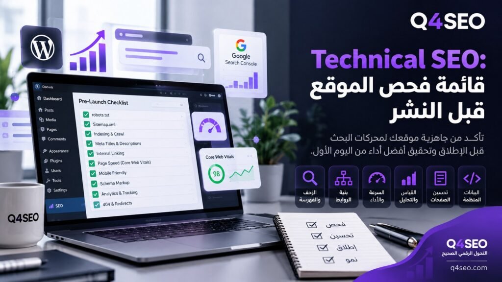 إنفوجرافيك يوضح قائمة الفحص التقني قبل نشر الموقع، ويشمل أهم عناصر Technical SEO مثل الفهرسة والسرعة والأمان والروابط والخرائط.